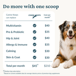 Dog supplement product with a dog on a white background and a list of supplements and their costs.